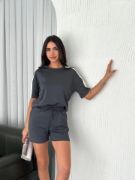 Osy Modal Yumuşak Dokulu Kumaş Parçalı Bisiklet Yaka T-shirt Kısa Şort İkili Takım - Antrasit resmi